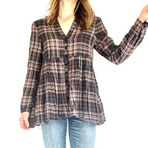 Anthropologie hi lo baby doll plaid long sleeve v-neck button down top size XS